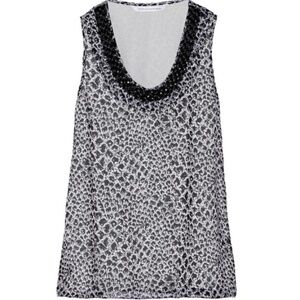 DVF Ade Beaded-Neckline Silk Print Top, Black